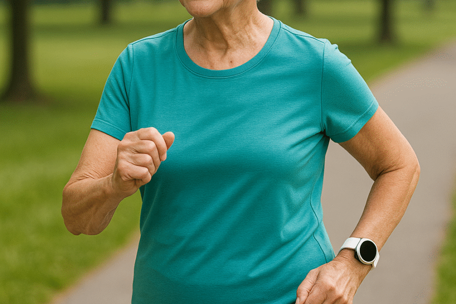 senior female wearing a medical alert watch as she's walking outside