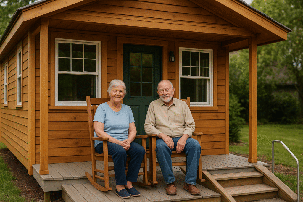 An elderly couple smiling in front of a wooden tiny home